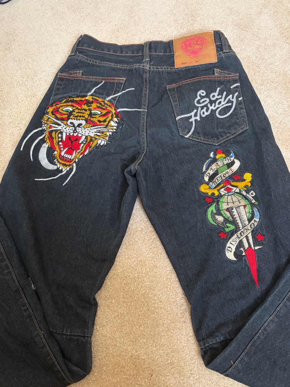 Ed Hardy Black Jeans with Colorful Tiger & Dagger Embroidery